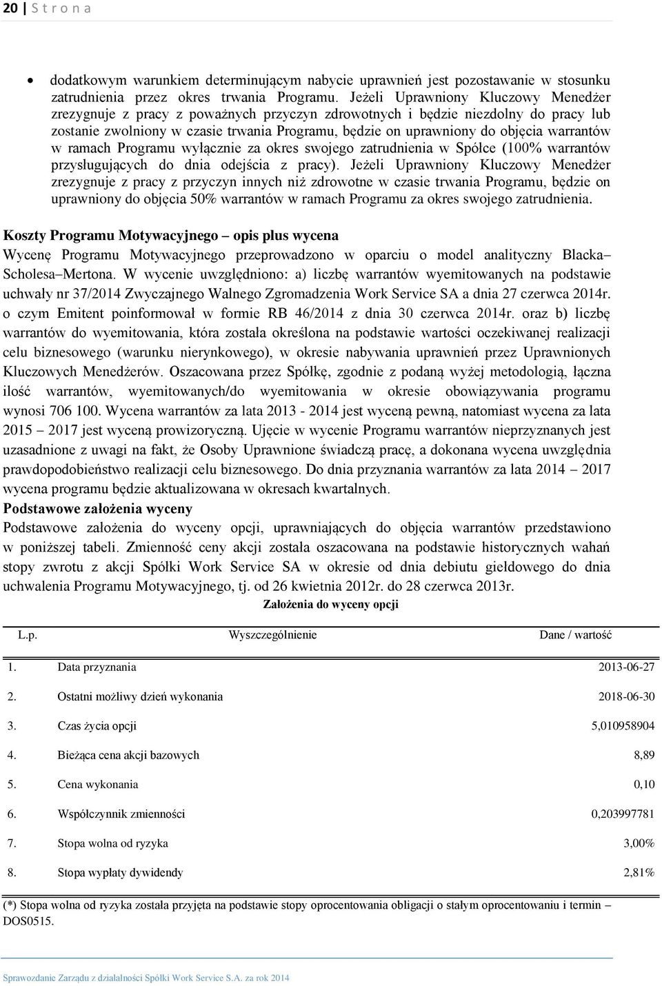 warrantów w ramach Programu wyłącznie za okres swojego zatrudnienia w Spółce (100% warrantów przysługujących do dnia odejścia z pracy).