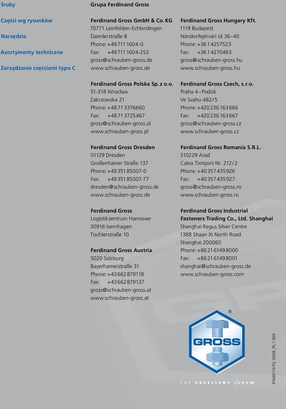 1119 Budapest Nándorfejérvári út 36 40 Phone: +36 14257523 Fax: +36 14270463 gross@schrauben-gross.hu www.schrauben-gross.hu Ferdinand Gross Polska Sp. z o.o. 51-318 Wrocław Zakrzowska 21 Phone: +48 71 3376660 Fax: +48 71 3725467 gross@schrauben-gross.