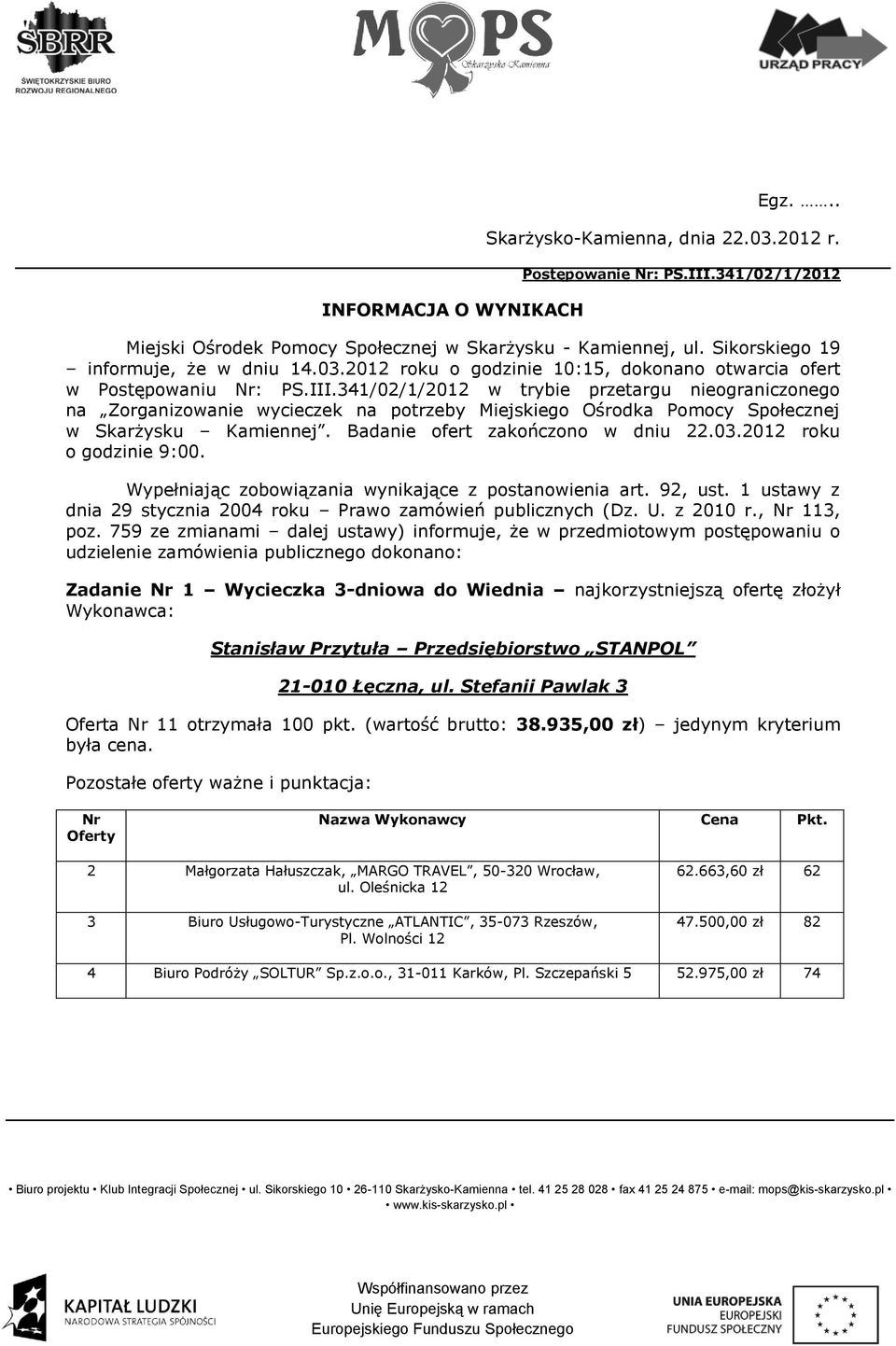 341/02/1/2012 w trybie przetargu nieograniczonego na Zorganizowanie wycieczek na potrzeby Miejskiego Ośrodka Pomocy Społecznej w Skarżysku Kamiennej. Badanie ofert zakończono w dniu 22.03.