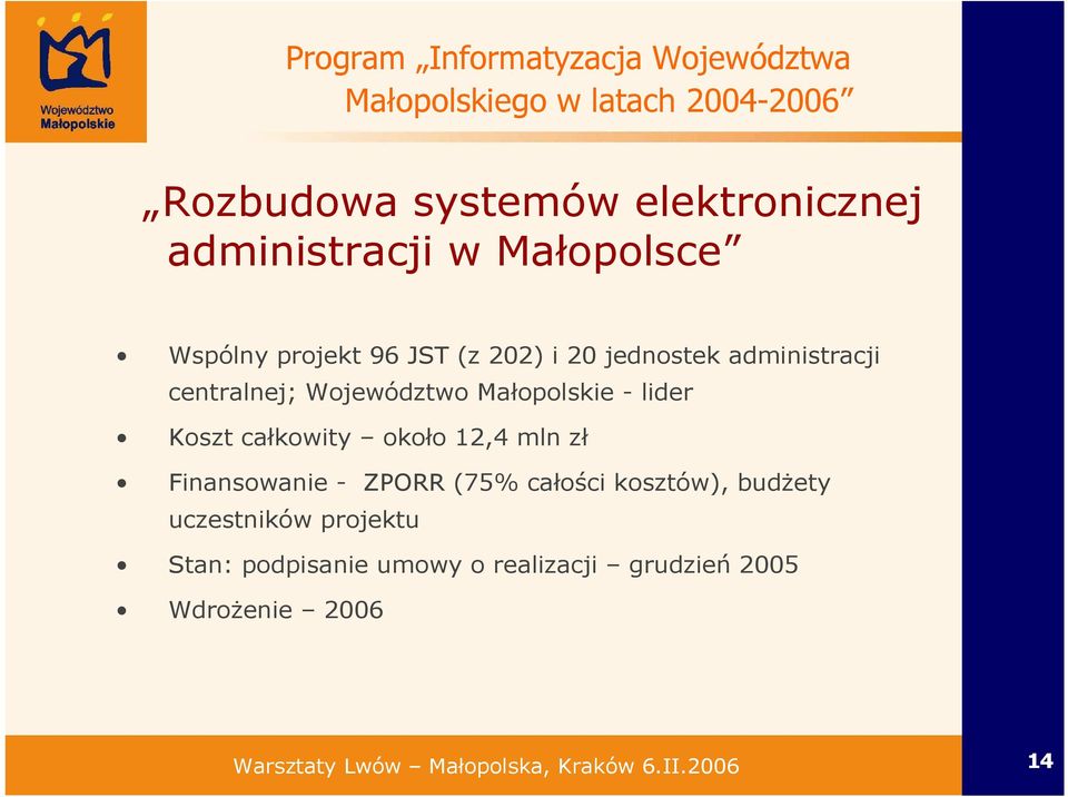 Małopolskie - lider Koszt całkowity około 12,4 mln zł Finansowanie - ZPORR (75% całości kosztów), budŝety
