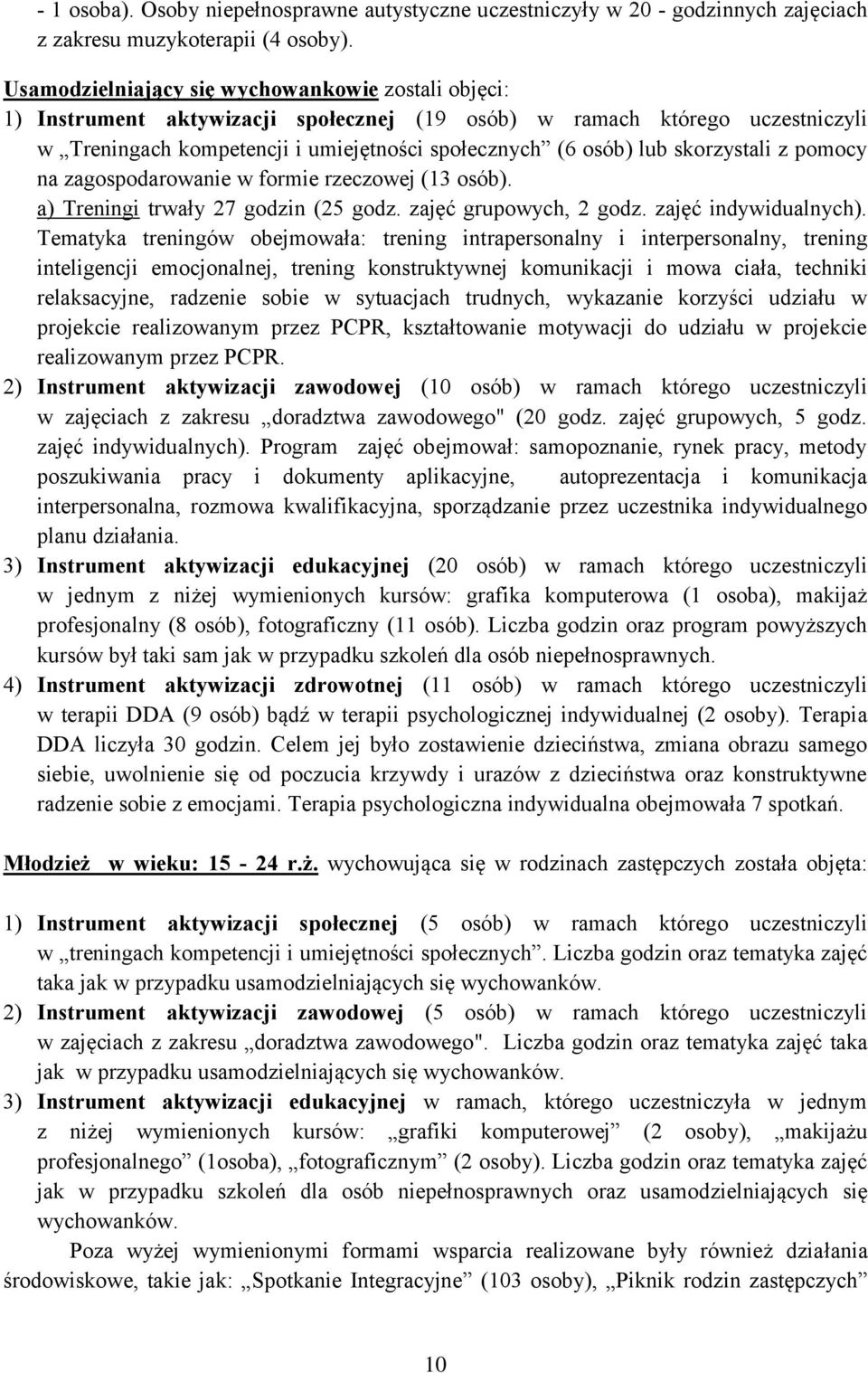 skorzystali z pomocy na zagospodarowanie w formie rzeczowej (13 osób). a) Treningi trwały 27 godzin (25 godz. zajęć grupowych, 2 godz. zajęć indywidualnych).
