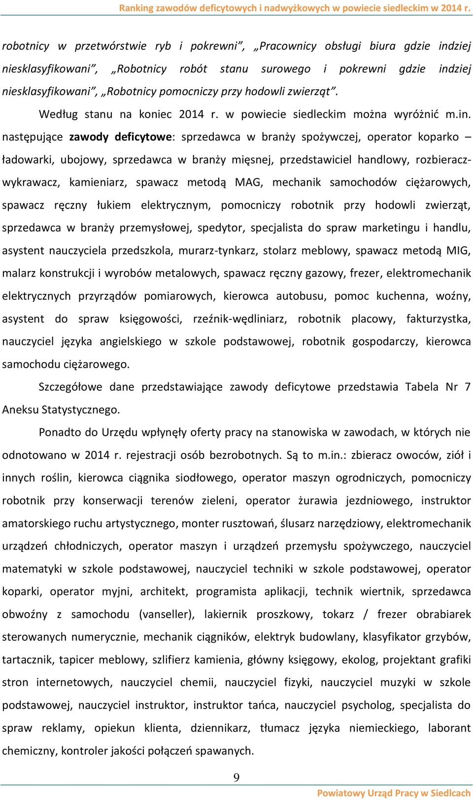 następujące zawody deficytowe: sprzedawca w branży spożywczej, operator koparko ładowarki, ubojowy, sprzedawca w branży mięsnej, przedstawiciel handlowy, rozbieraczwykrawacz, kamieniarz, spawacz