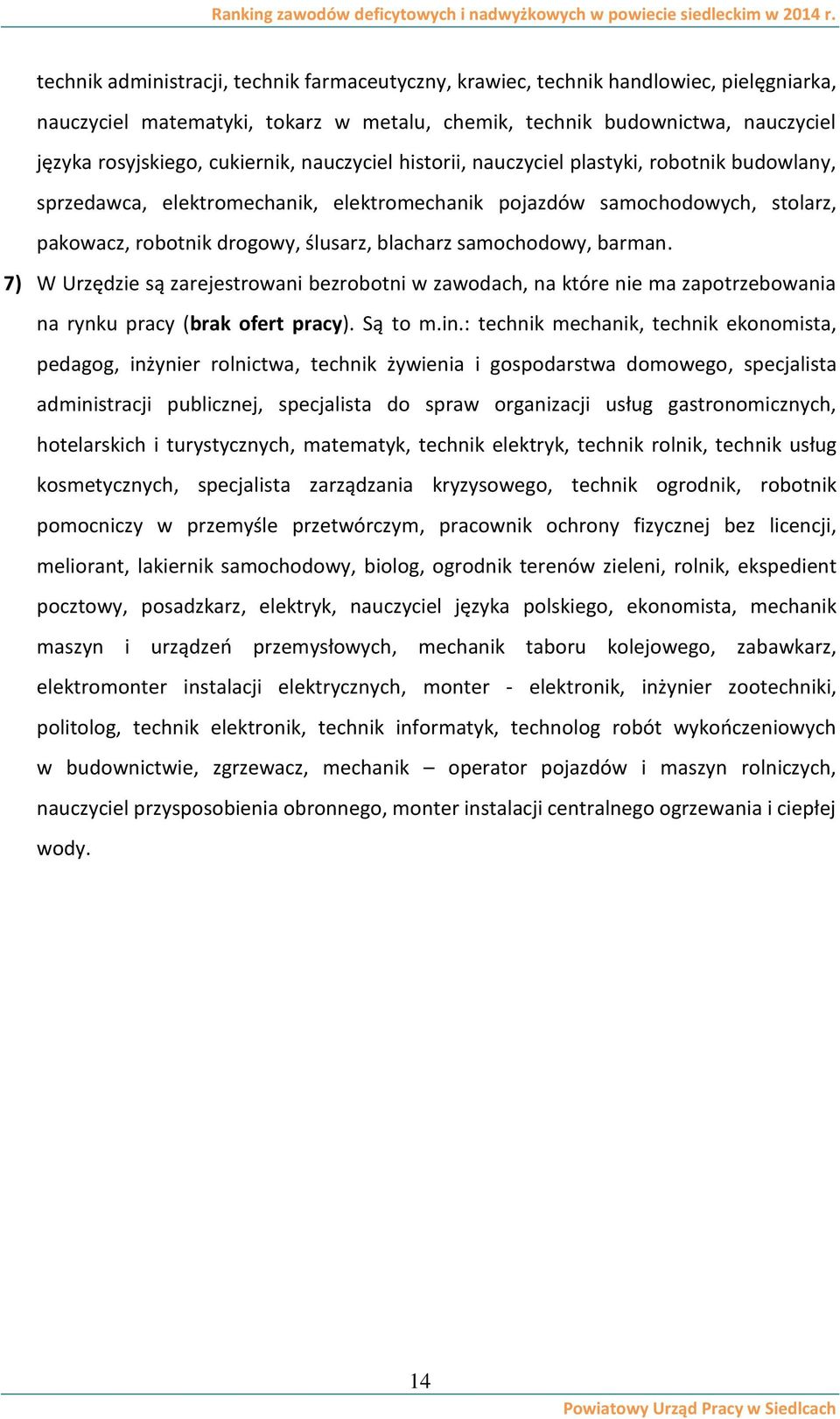 samochodowy, barman. 7) W Urzędzie są zarejestrowani bezrobotni w zawodach, na które nie ma zapotrzebowania na rynku pracy (brak ofert pracy). Są to m.in.