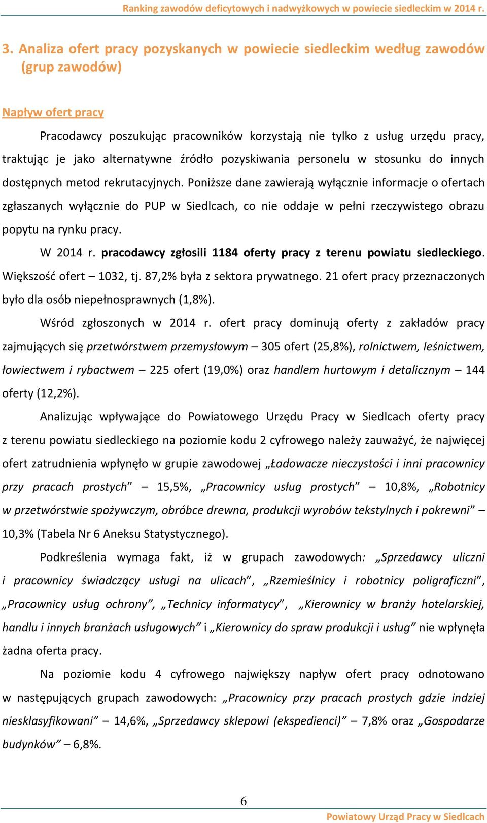 Poniższe dane zawierają wyłącznie informacje o ofertach zgłaszanych wyłącznie do PUP w Siedlcach, co nie oddaje w pełni rzeczywistego obrazu popytu na rynku pracy. W 2014 r.