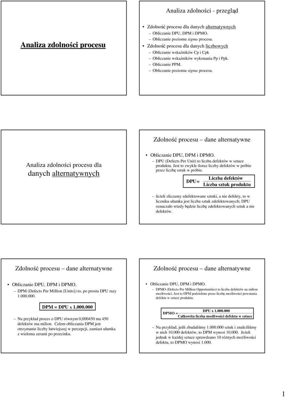 Analiza zdolności procesu dla danych alternatywnych Obliczanie DPU, DPM i DPMO. DPU (Defects Per Unit) to liczba defektów w sztuce produktu.