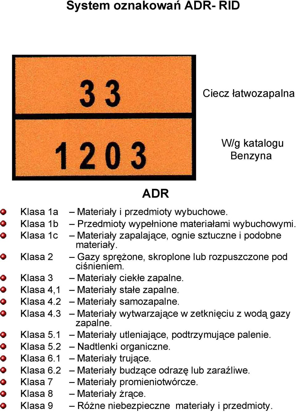 Klasa 4,1 Materiały stałe zapalne. Klasa 4.2 Materiały samozapalne. Klasa 4.3 Materiały wytwarzające w zetknięciu z wodą gazy zapalne. Klasa 5.