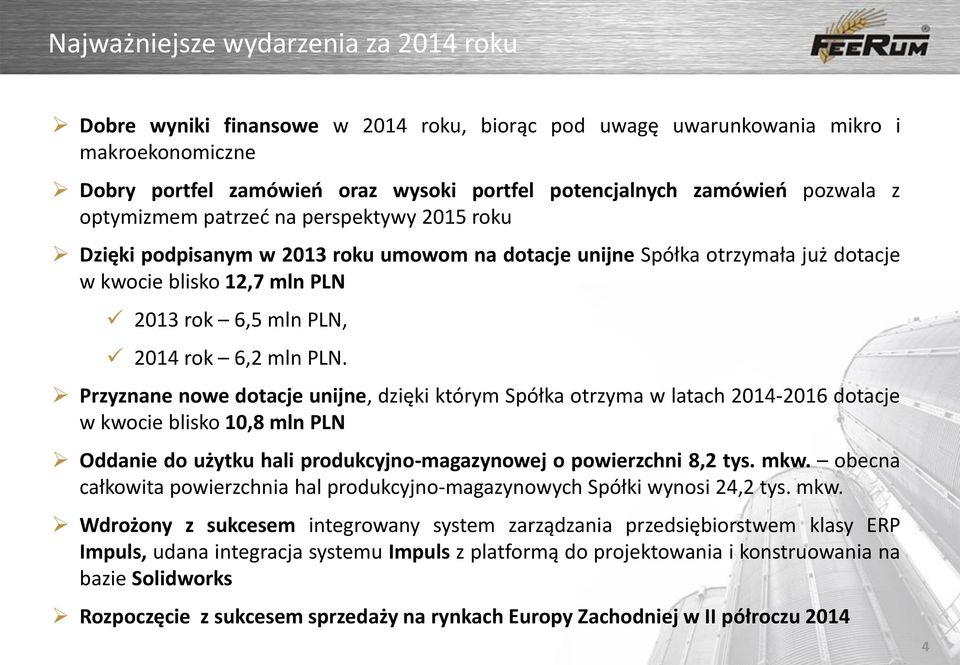 6,2 mln PLN. Przyznane nowe dotacje unijne, dzięki którym Spółka otrzyma w latach 2014-2016 dotacje w kwocie blisko 10,8 mln PLN Oddanie do użytku hali produkcyjno-magazynowej o powierzchni 8,2 tys.