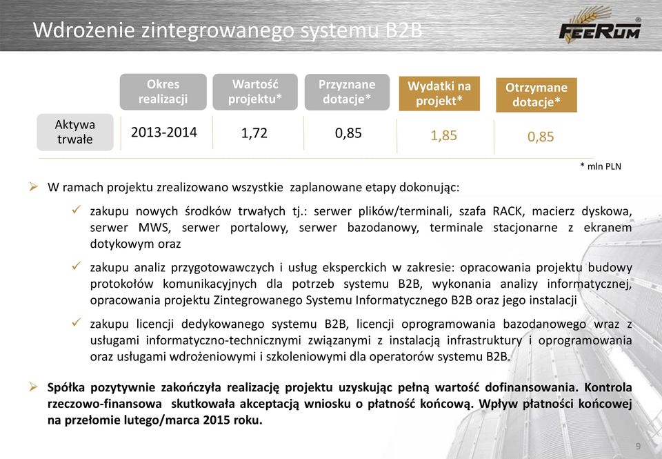 : serwer plików/terminali, szafa RACK, macierz dyskowa, serwer MWS, serwer portalowy, serwer bazodanowy, terminale stacjonarne z ekranem dotykowym oraz zakupu analiz przygotowawczych i usług