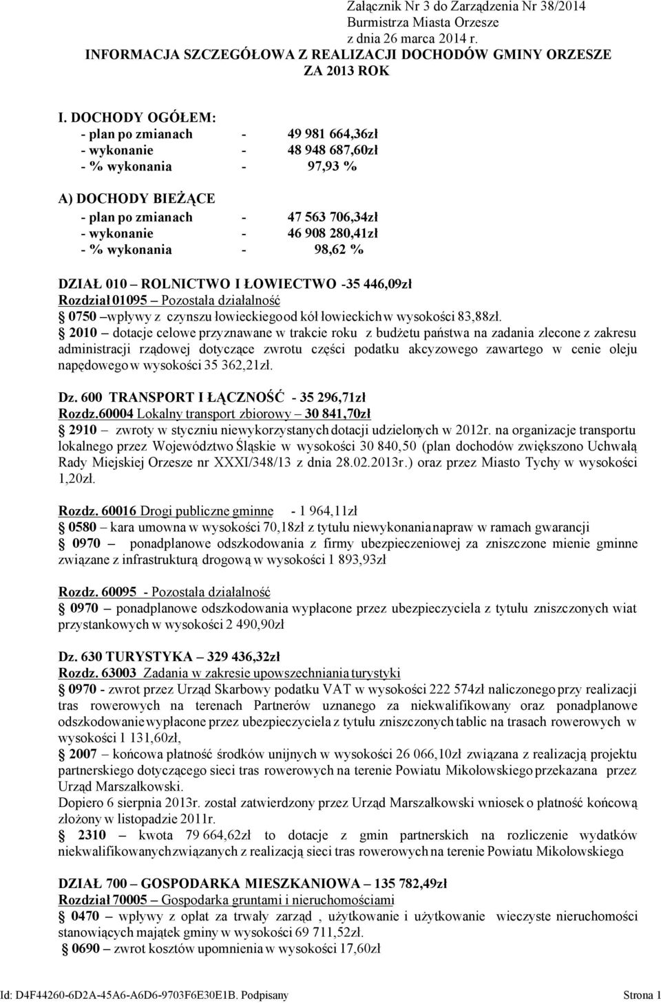 wykonania - 98,62 % DZIAŁ 010 ROLNICTWO I ŁOWIECTWO -35 446,09zł Rozdział 01095 Pozostała działalność 0750 wpływy z czynszu łowieckiegood kół łowieckich w wysokości 83,88zł.