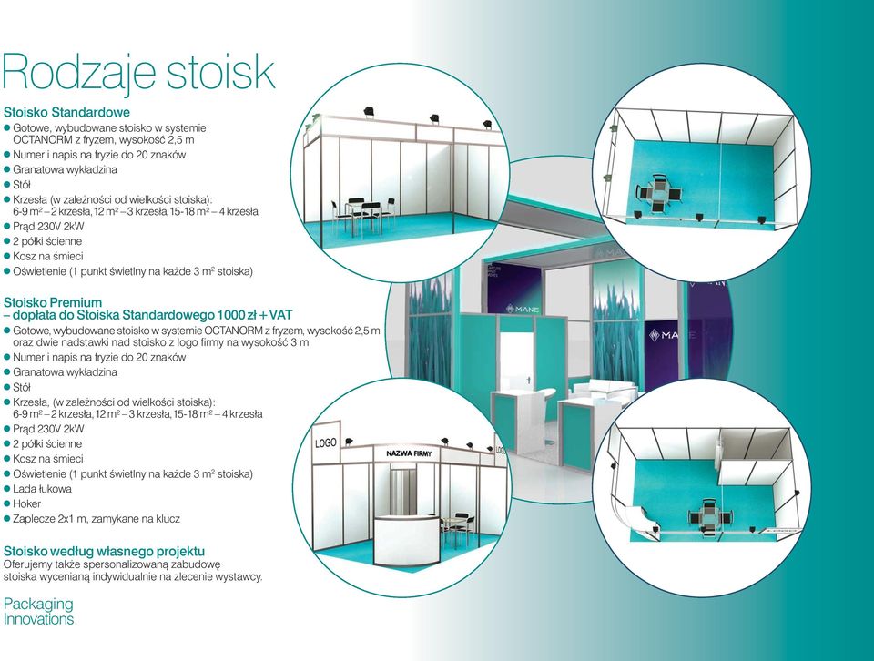 Premium dopłata do Stoiska Standardowego 1000 zł+vat w Gotowe, wybudowane stoisko w systemie OCTANORM z fryzem, wysokoêç 2,5 m oraz dwie nadstawki nad stoisko z logo firmy na wysokoêç 3 m w Numer i