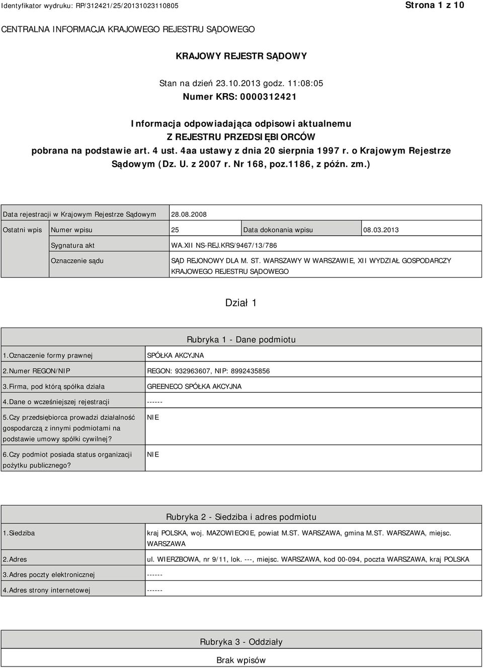 o Krajowym Rejestrze Sądowym (Dz. U. z 2007 r. Nr 168, poz.1186, z późn. zm.) Data rejestracji w Krajowym Rejestrze Sądowym 28.08.2008 Ostatni wpis Numer wpisu 25 Data dokonania wpisu 08.03.