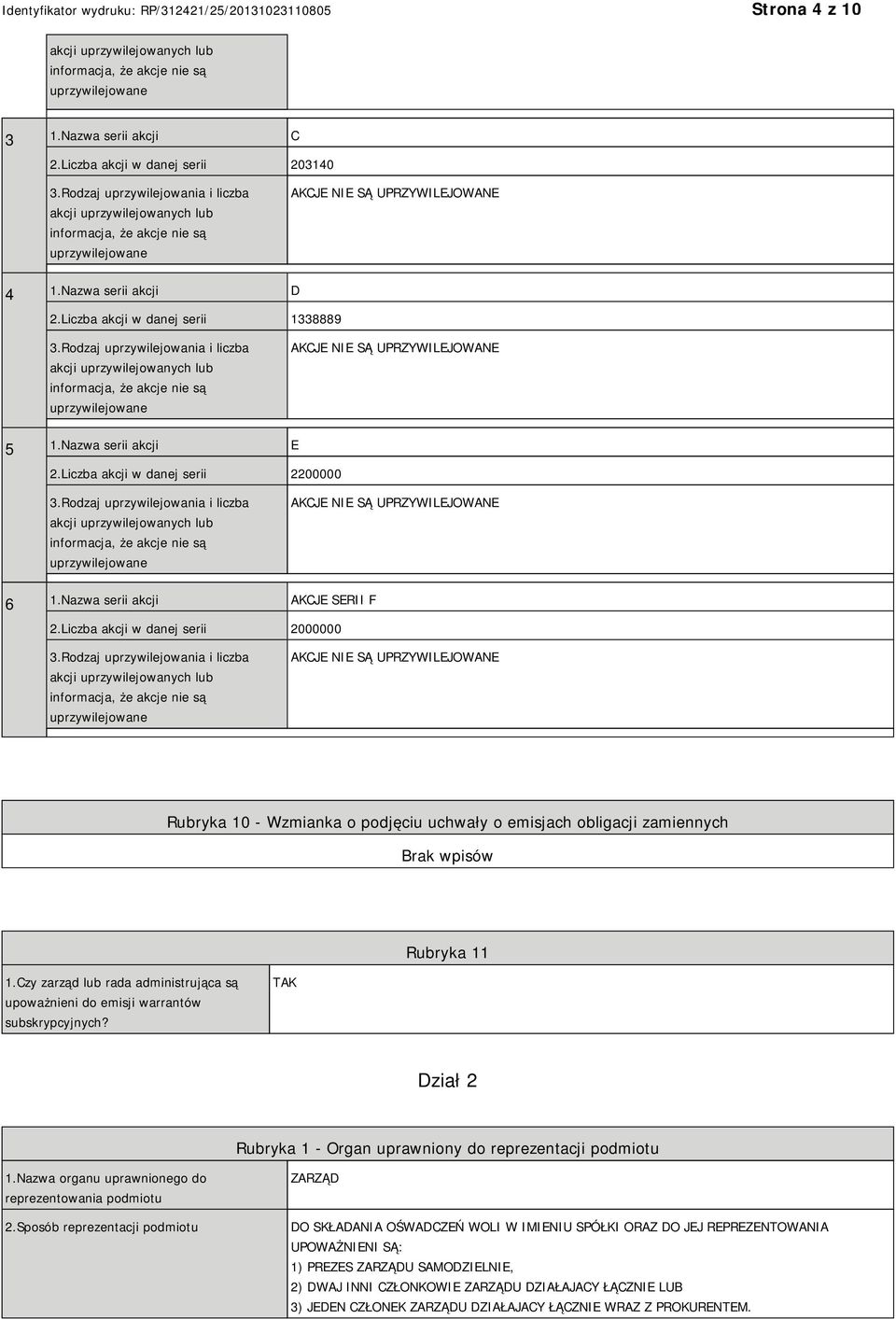 Liczba akcji w danej serii 2000000 AKCJE NIE SĄ UPRZYWILEJOWANE Rubryka 10 - Wzmianka o podjęciu uchwały o emisjach obligacji zamiennych Rubryka 11 1.