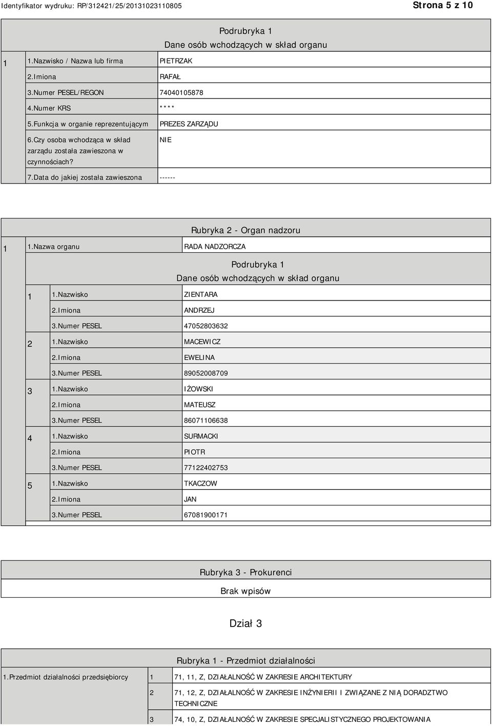 Nazwa organu RADA NADZORCZA Podrubryka 1 Dane osób wchodzących w skład organu 1 1.Nazwisko ZIENTARA ANDRZEJ 3.Numer PESEL 47052803632 2 1.Nazwisko MACEWICZ EWELINA 3.Numer PESEL 89052008709 3 1.