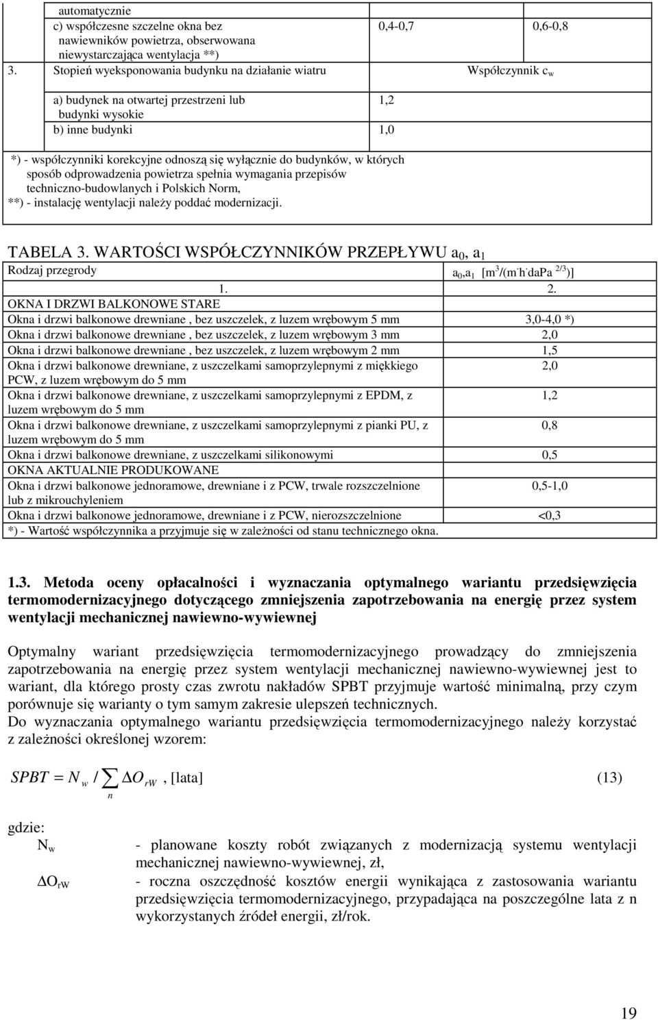 do budynków, w których sposób odprowadzenia powietrza spełnia wymagania przepisów techniczno-budowlanych i Polskich Norm, **) - instalację wentylacji naleŝy poddać modernizacji. TABELA 3.