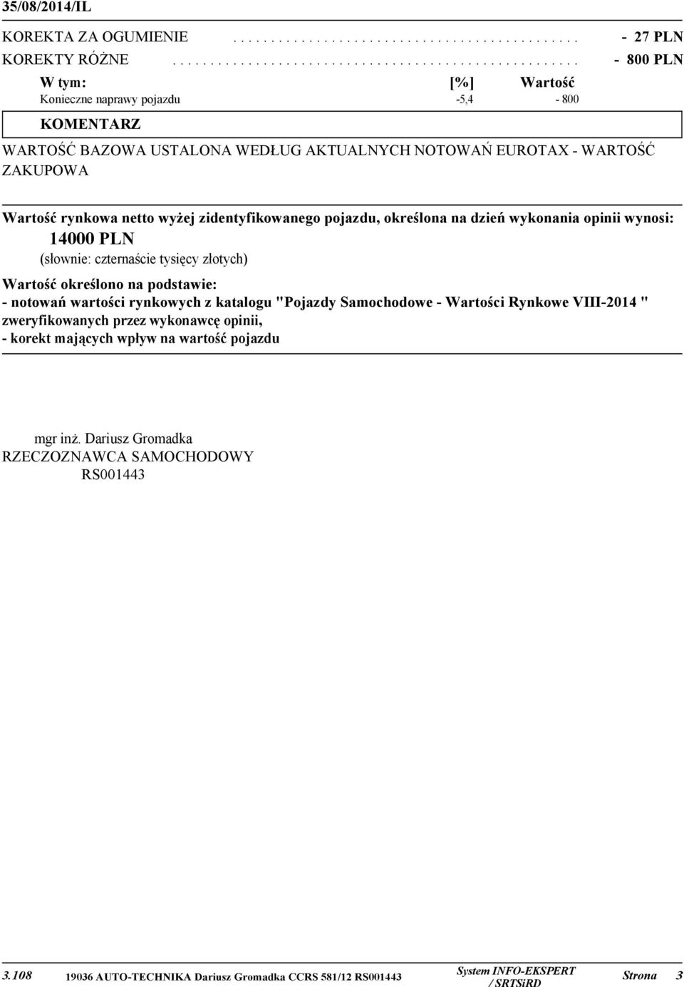 WARTOŚĆ ZAKUPOWA Wartość rynkowa netto wyżej zidentyfikowanego pojazdu, określona na dzień wykonania opinii wynosi: 14000 PLN (słownie: czternaście tysięcy złotych) Wartość określono