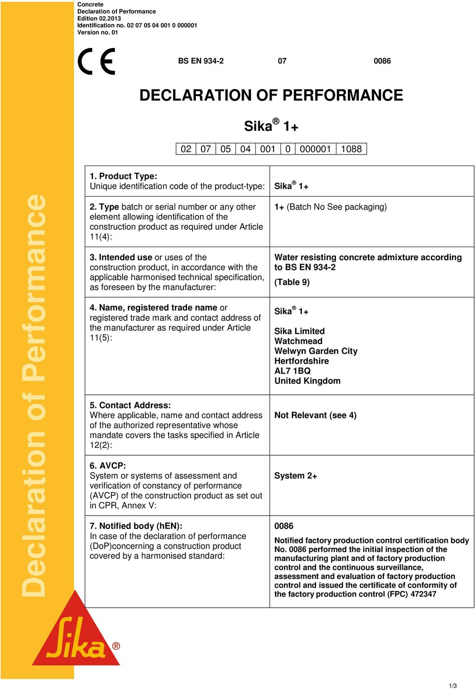 Type batch or serial number or any other element allowing identification of the construction product as required under Article 11(4): 3.