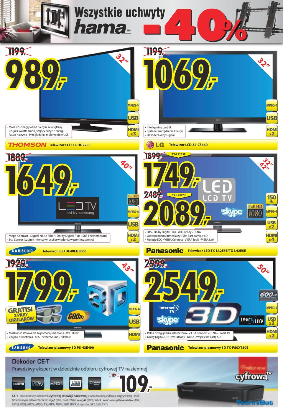 x 2 18, Telewizor LCD 32-CS460 TX-L32E5E 1749, TX-L42E5E 2489, 2089, DTS Dolby Digitl Plus WiFi Redy DLNA Odtwrzcz multimedilny Slot krt pmięci SD Funkcje ECO VIERA Connect VIERA Tools VIERA Link 32