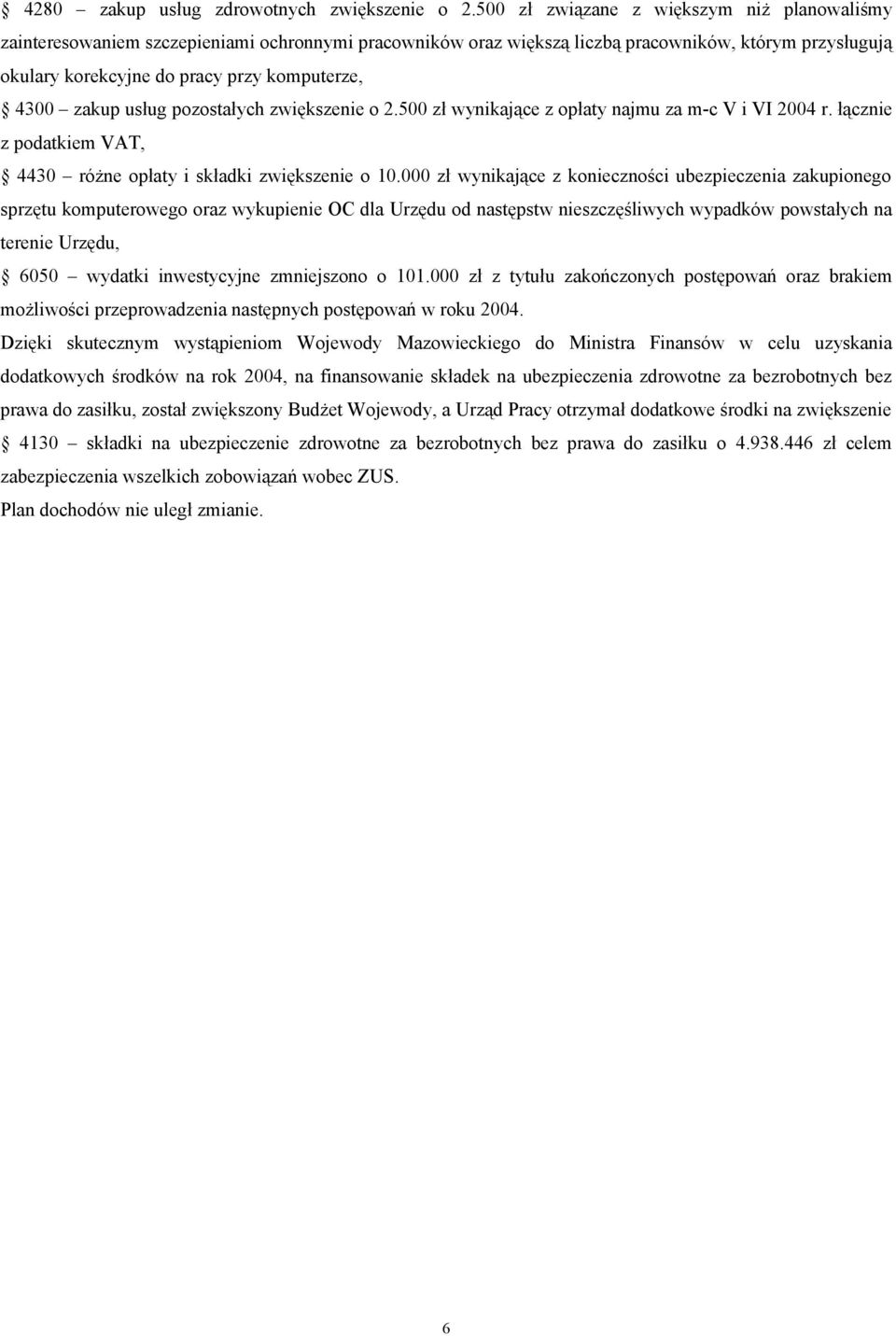 zwiększenie o 2.500 zł wynikające z opłaty najmu za m-c V i VI 2004 r. łącznie z podatkiem VAT, 4430 różne opłaty i składki zwiększenie o 10.