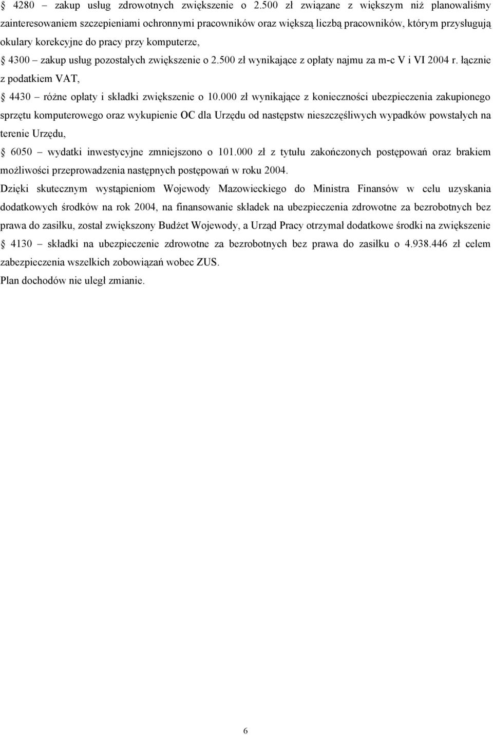 zwiększenie o 2.500 zł wynikające z opłaty najmu za m-c V i VI 2004 r. łącznie z podatkiem VAT, 4430 różne opłaty i składki zwiększenie o 10.