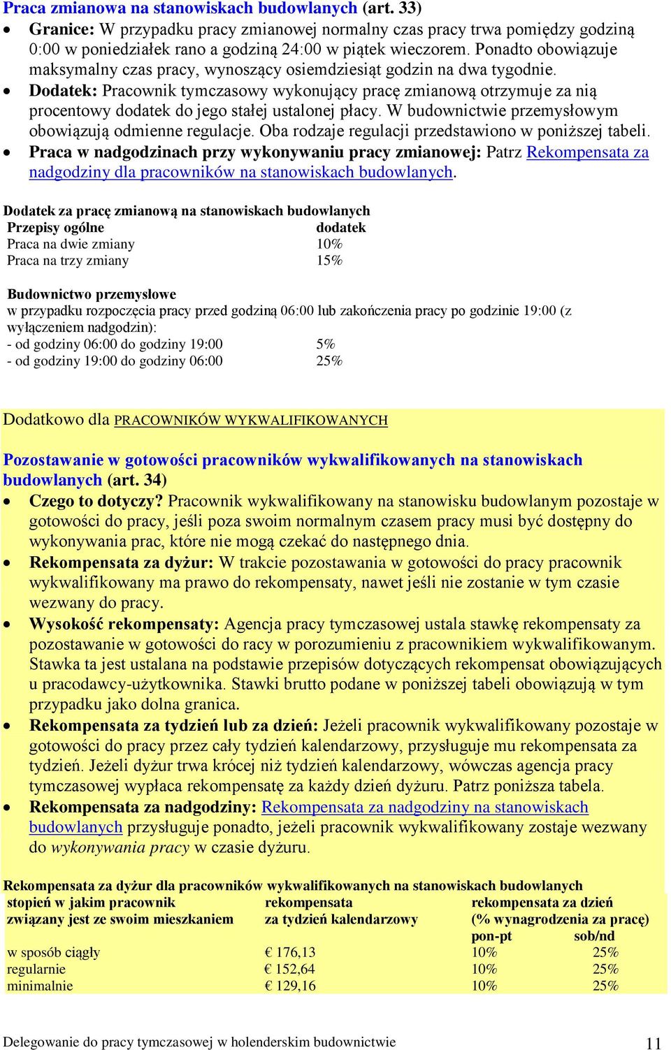 Dodatek: Pracownik tymczasowy wykonujący pracę zmianową otrzymuje za nią procentowy dodatek do jego stałej ustalonej płacy. W budownictwie przemysłowym obowiązują odmienne regulacje.