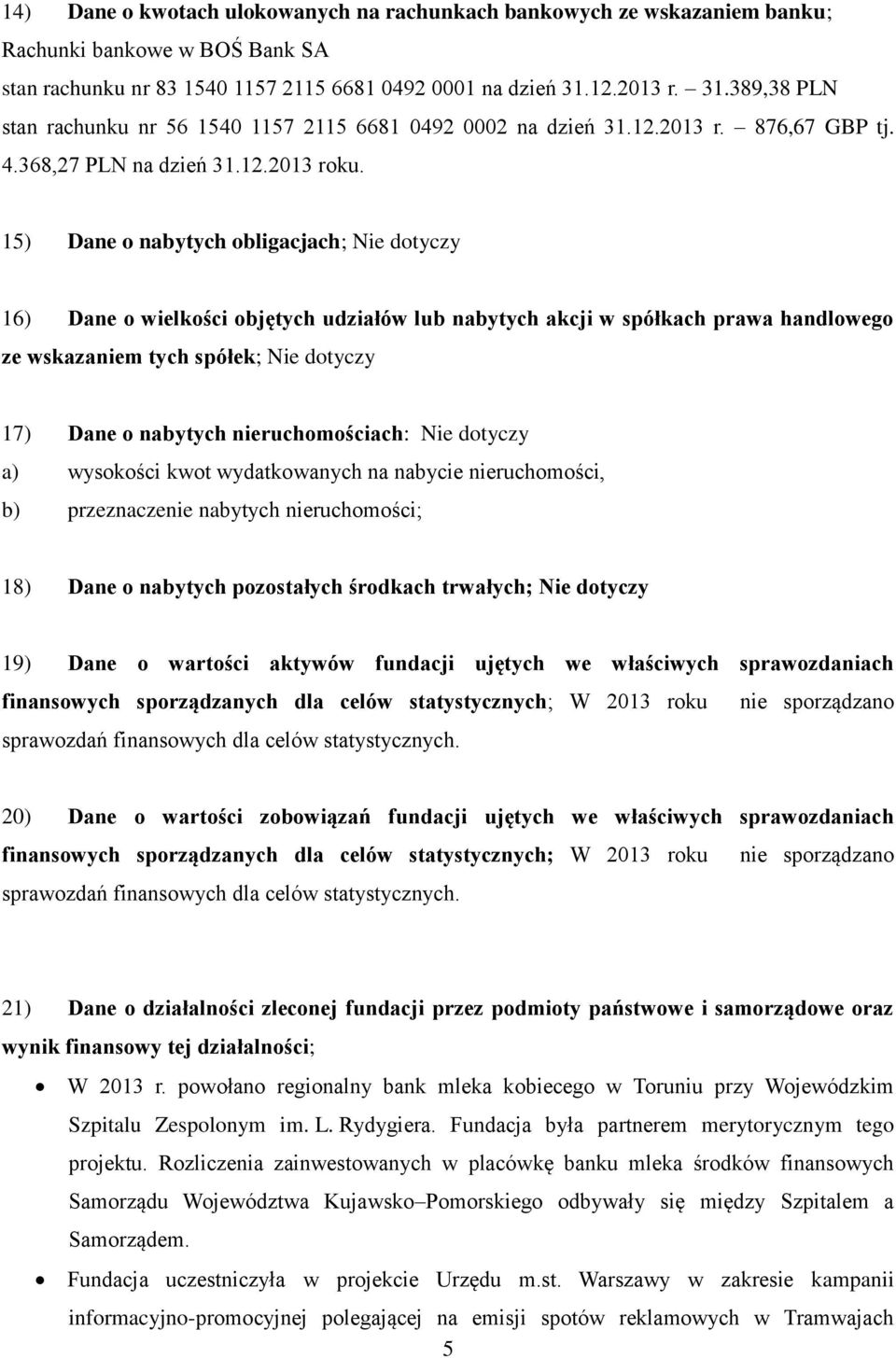 15) Dane o nabytych obligacjach; Nie dotyczy 16) Dane o wielkości objętych udziałów lub nabytych akcji w spółkach prawa handlowego ze wskazaniem tych spółek; Nie dotyczy 17) Dane o nabytych