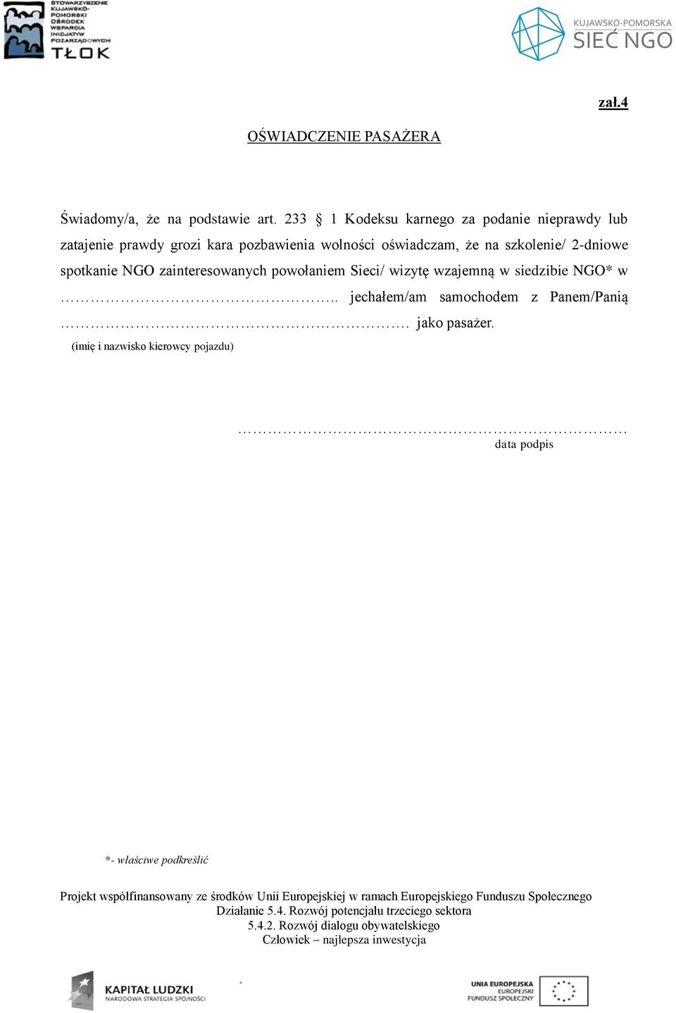 oświadczam, że na szkolenie/ 2-dniowe spotkanie NGO zainteresowanych powołaniem Sieci/ wizytę