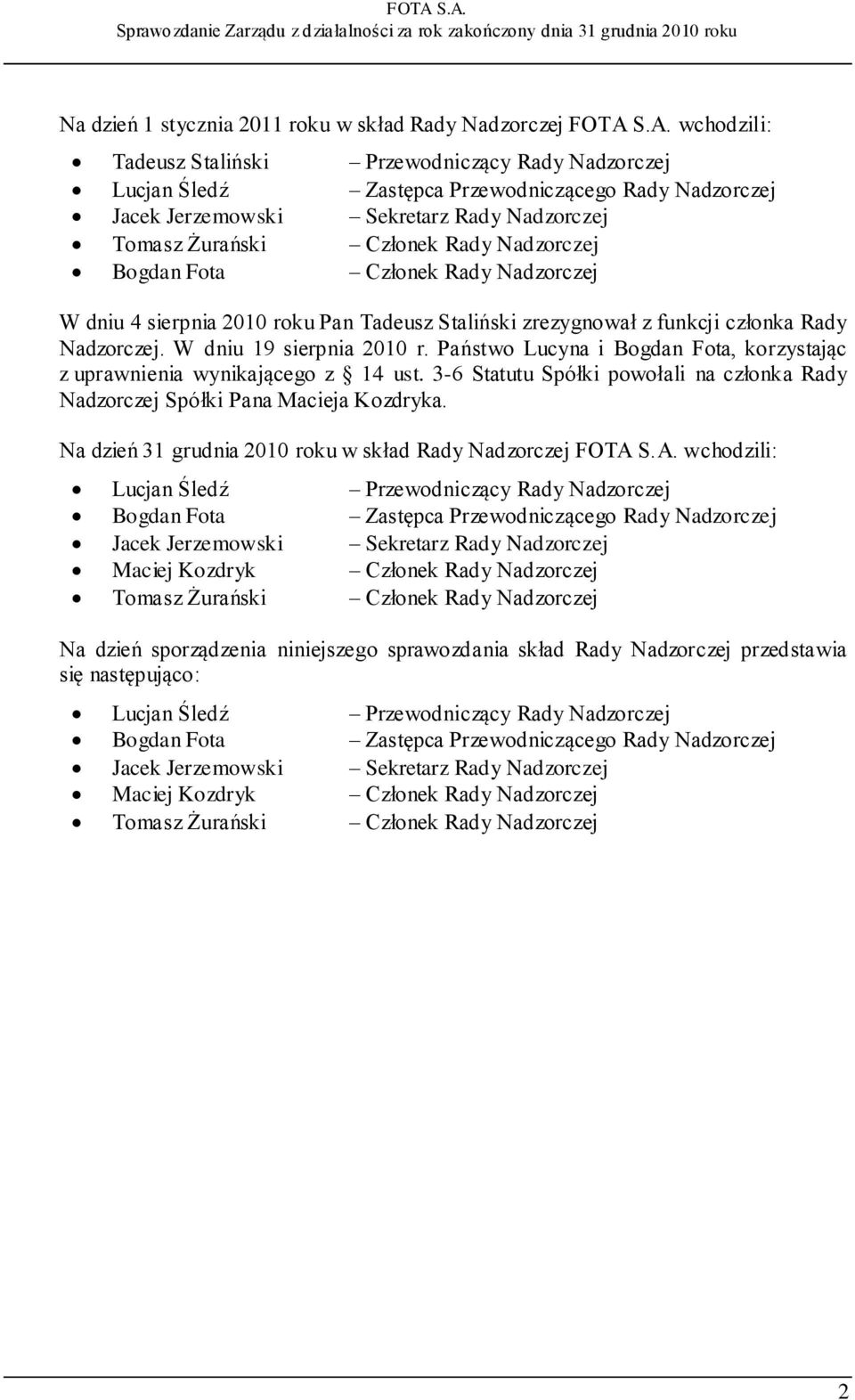 Nadzorczej Bogdan Fota Członek Rady Nadzorczej W dniu 4 sierpnia 2010 roku Pan Tadeusz Staliński zrezygnował z funkcji członka Rady Nadzorczej. W dniu 19 sierpnia 2010 r.
