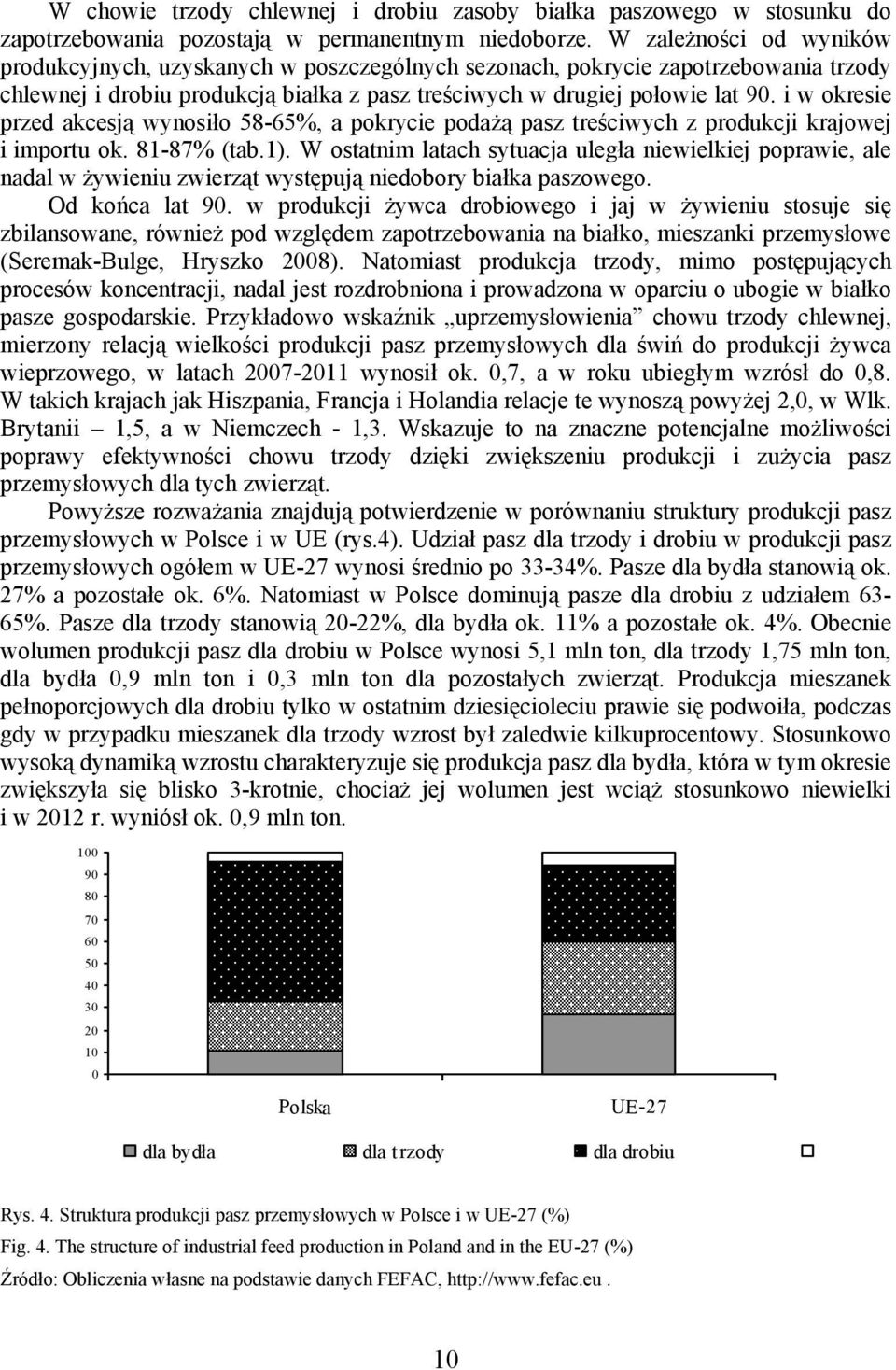 i w okresie przed akcesją wynosiło 58-65%, a pokrycie podażą pasz treściwych z produkcji krajowej i importu ok. 81-87% (tab.1).