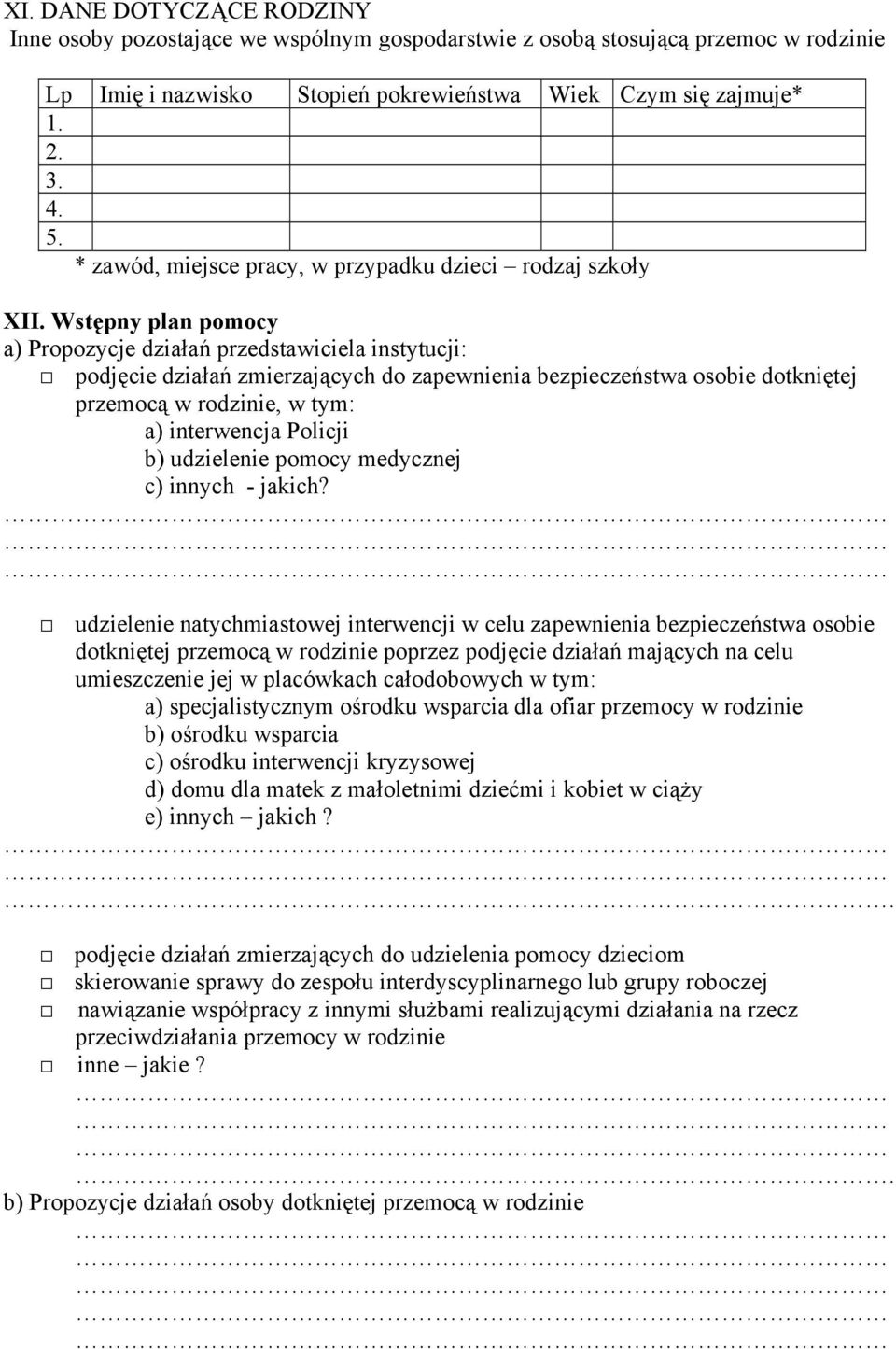 Wstępny plan pomocy a) Propozycje działań przedstawiciela instytucji: podjęcie działań zmierzających do zapewnienia bezpieczeństwa osobie dotkniętej przemocą w rodzinie, w tym: a) interwencja Policji