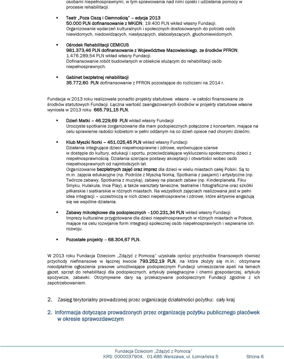 Ośrodek Rehabilitacji CEMICUS 981.373,46 PLN dofinansowanie z Województwa Mazowieckiego, ze środków PFRON; 1.476.289,54 PLN wkład własny Fundacji.