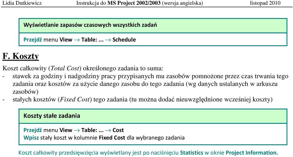 zadania oraz kosztów za uŝycie danego zasobu do tego zadania (wg danych ustalanych w arkuszu zasobów) - stałych kosztów (Fixed Cost) tego zadania (tu moŝna dodać