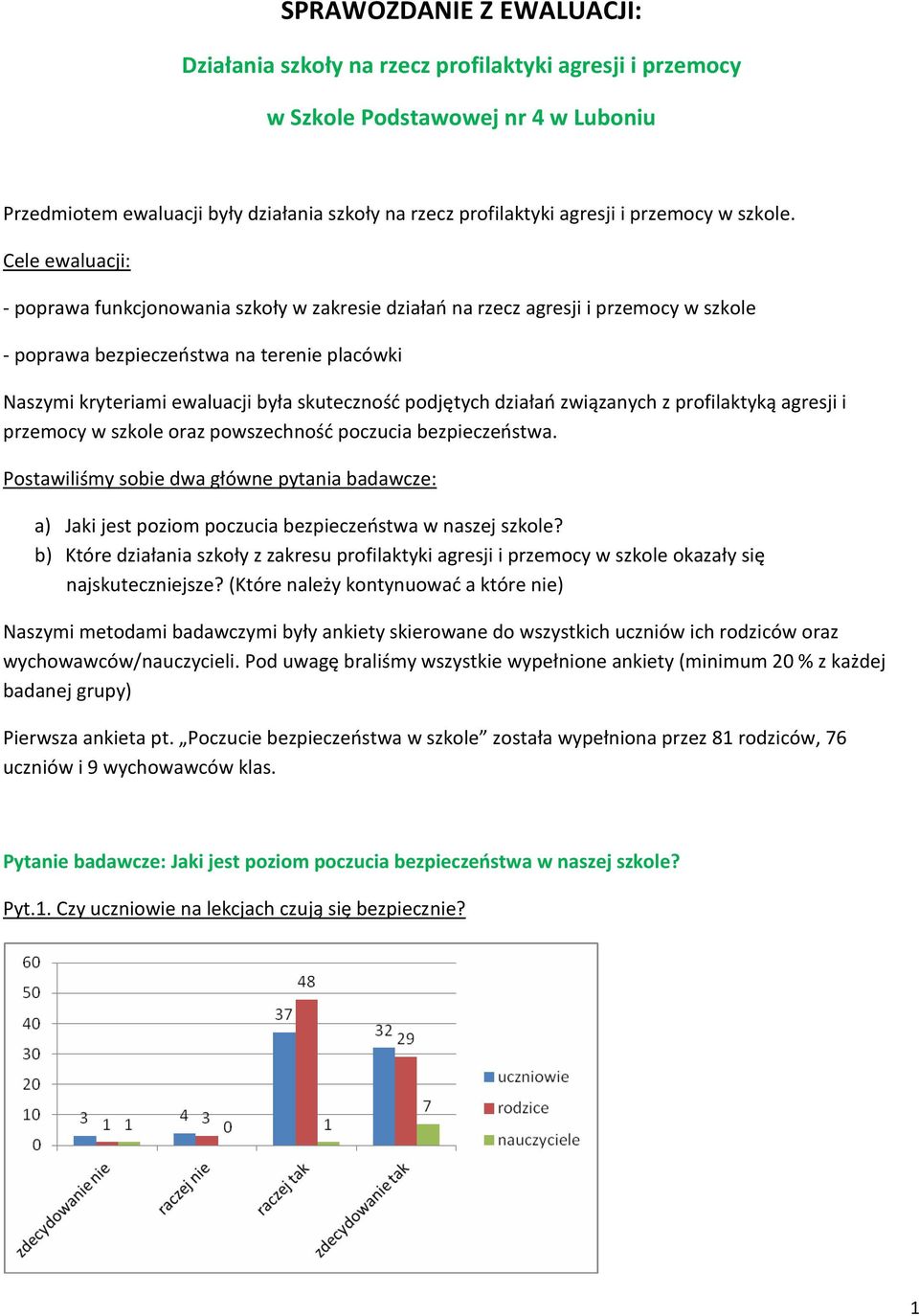 Cele ewaluacji: - poprawa funkcjonowania szkoły w zakresie działań na rzecz agresji i przemocy w szkole - poprawa bezpieczeństwa na terenie placówki Naszymi kryteriami ewaluacji była skuteczność