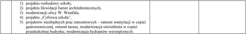 Westfala, 4) projektu Cyfrowa szkoła, 5) projektów niezbędnych prac remontowych