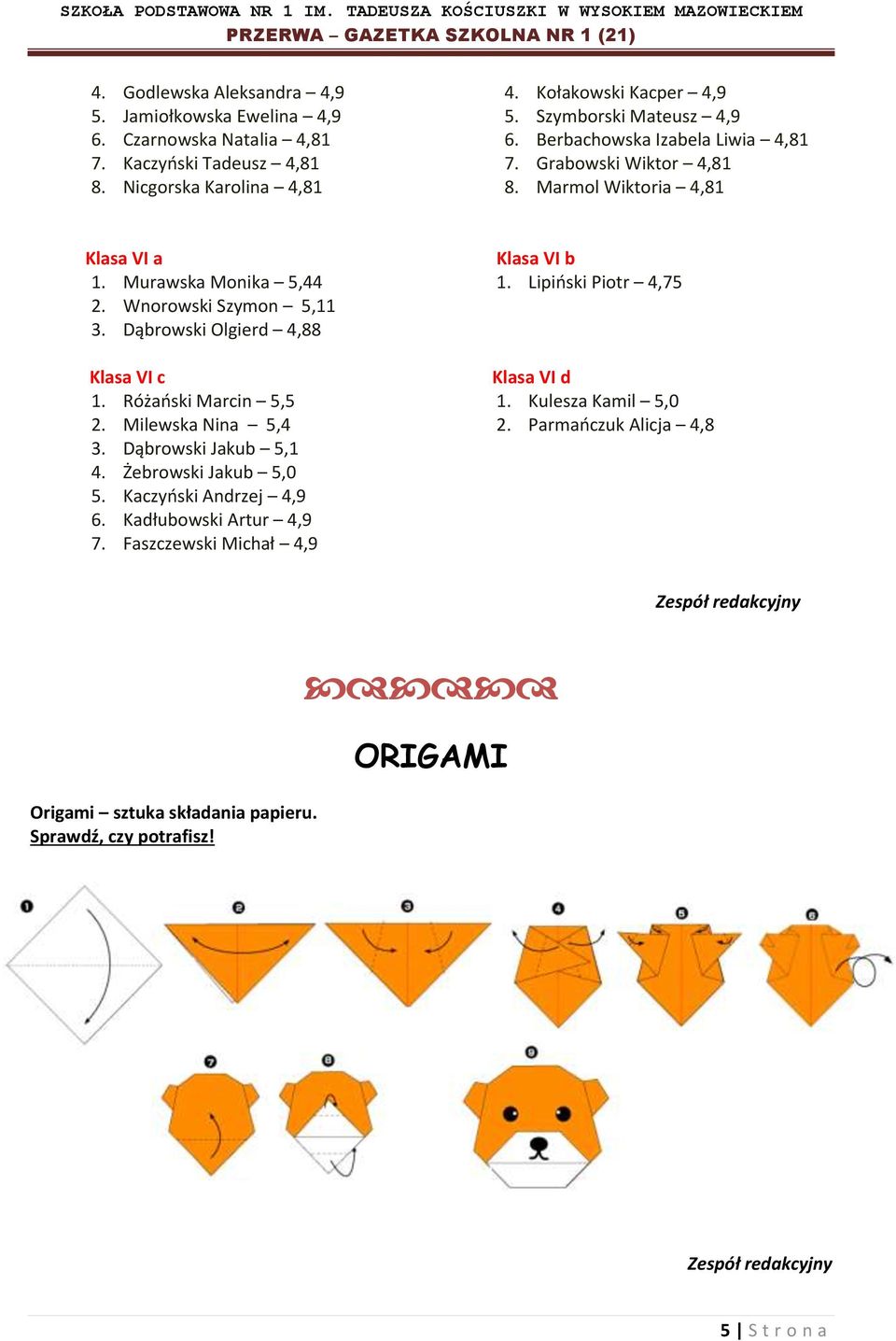 Dąbrowski Olgierd 4,88 Klasa VI c 1. Różański Marcin 5,5 2. Milewska Nina 5,4 3. Dąbrowski Jakub 5,1 4. Żebrowski Jakub 5,0 5. Kaczyński Andrzej 4,9 6. Kadłubowski Artur 4,9 7.