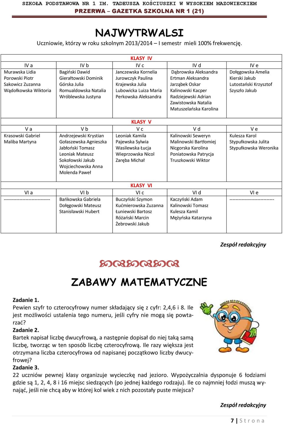 Perkowska Aleksandra Dąbrowska Aleksandra Ertman Aleksandra Jarząbek Oskar Kalinowski Kacper Radziejewski Adrian Zawistowska Natalia Matuszelańska Karolina Dołęgowska Amelia Kierski Jakub Lutostański