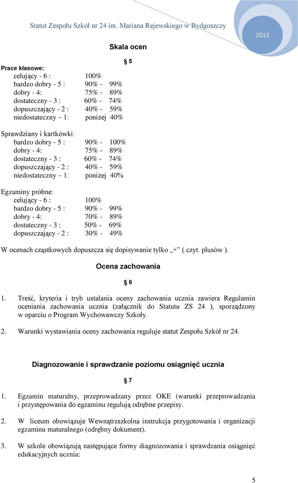 - 5 : 90% - 99% dobry - 4: 70% - 89% dostateczny - 3 : 50% - 69% dopuszczający - 2 : 30% - 49% W ocenach cząstkowych dopuszcza się dopisywanie tylko + ( czyt. plusów ). 5 Ocena zachowania 6 1.