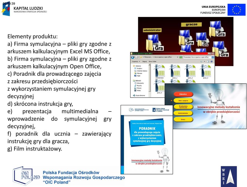 przedsiębiorczości z wykorzystaniem symulacyjnej gry decyzyjnej d) skrócona instrukcja gry, e) prezentacja multimedialna