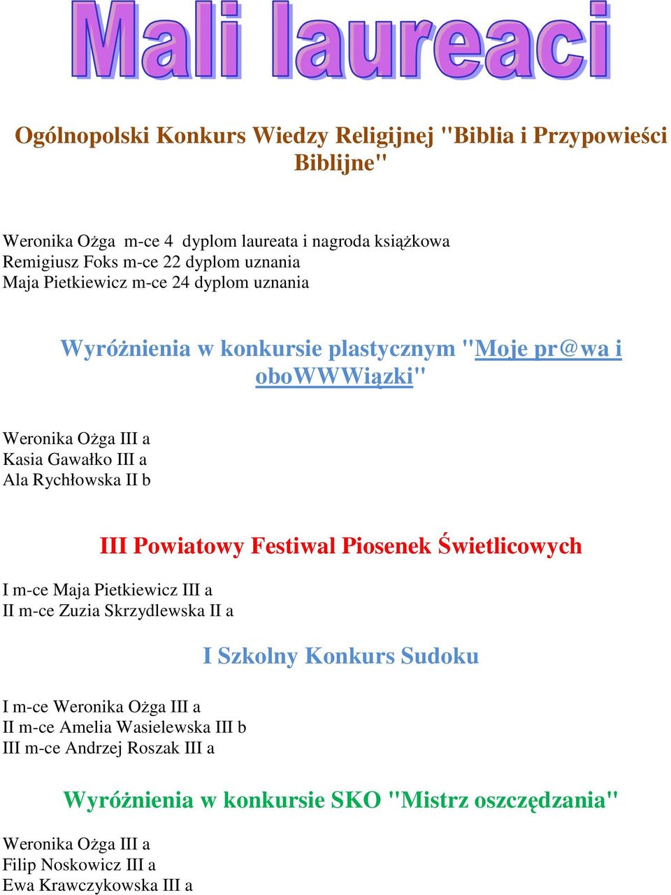 Powiatowy Festiwal Piosenek Świetlicowych I m-ce Maja Pietkiewicz III a II m-ce Zuzia Skrzydlewska II a I m-ce Weronika Ożga III a II m-ce Amelia Wasielewska III b