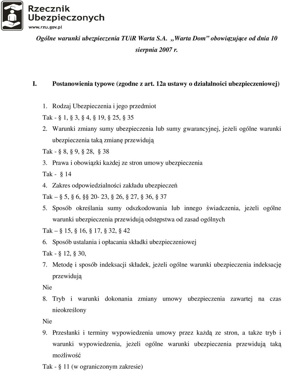 Warunki zmiany sumy ubezpieczenia lub sumy gwarancyjnej, jeżeli ogólne warunki ubezpieczenia taką zmianę przewidują Tak - 8, 9, 28, 38 3.