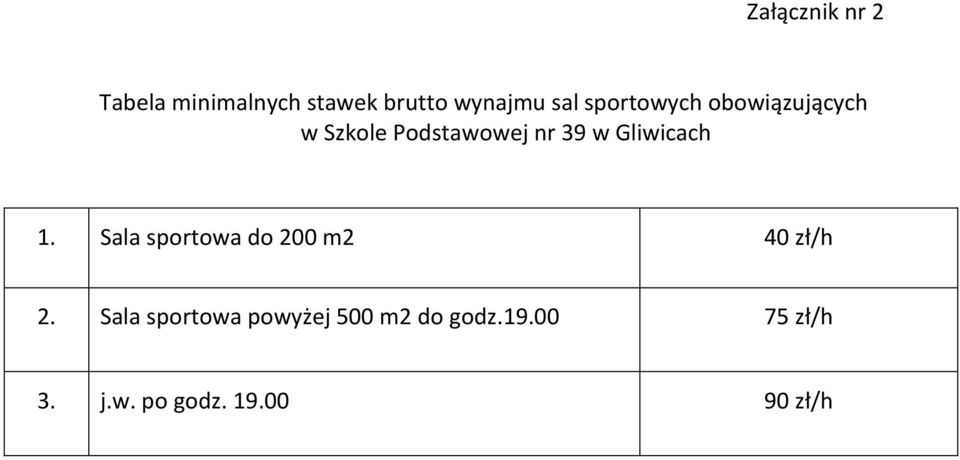 Gliwicach 1. Sala sportowa do 200 m2 40 zł/h 2.