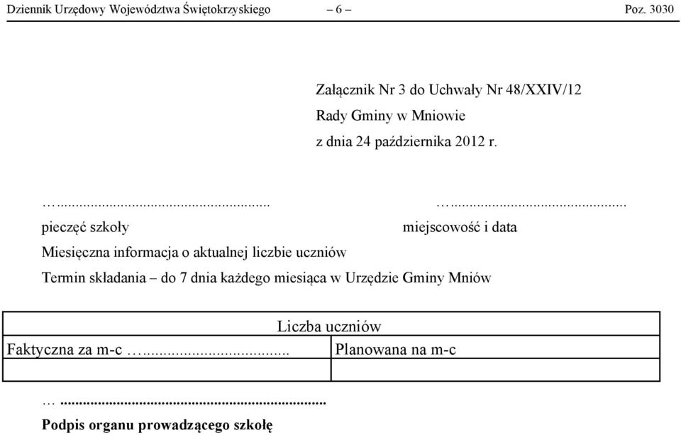 ..... pieczęć szkoły miejscowość i data Miesięczna informacja o aktualnej liczbie