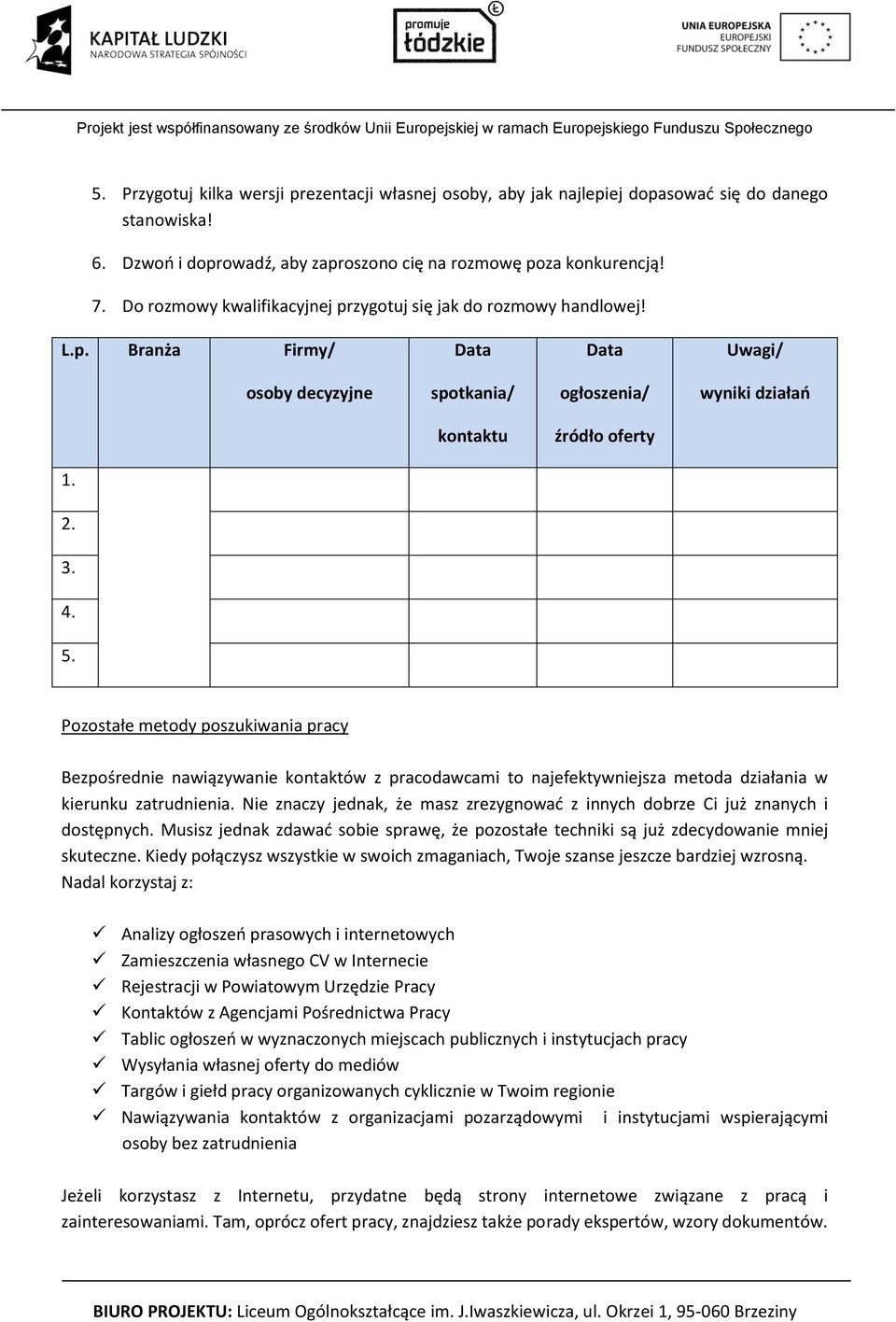 Pozostałe metody poszukiwania pracy Bezpośrednie nawiązywanie kontaktów z pracodawcami to najefektywniejsza metoda działania w kierunku zatrudnienia.