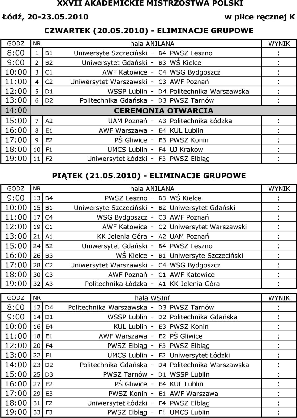 Uniwersytet Warszawski - C3 AWF Poznań : 12:00 5 D1 WSSP Lublin - D4 Politechnika Warszawska : 13:00 6 D2 Politechnika Gdańska - D3 PWSZ Tarnów : 14:00 15:00 7 A2 CEREMONIA OTWARCIA UAM Poznań - A3