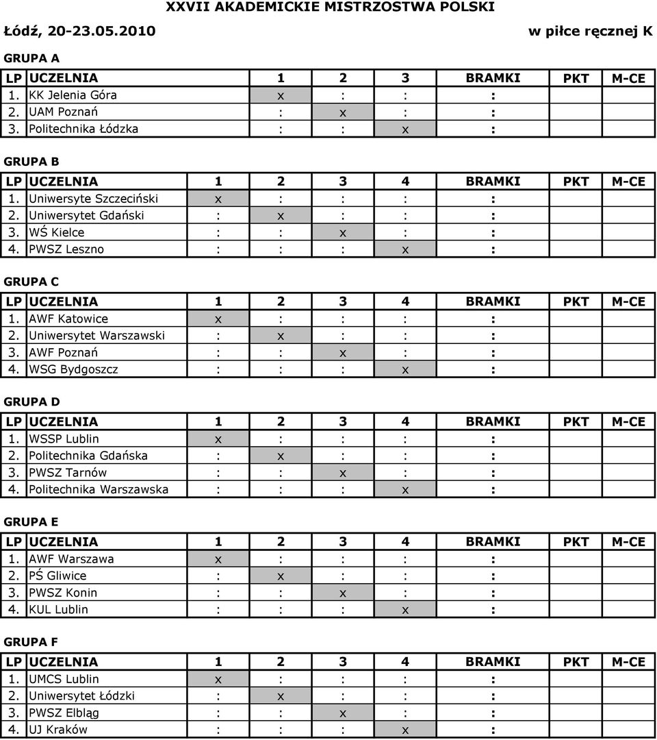 AWF Katowice x : : : 0 : 0 2. Uniwersytet Warszawski 0 : 0 x : : 0 : 0 3. AWF Poznań 0 : 0 0 : 0 x : 0 : 0 4. WSG Bydgoszcz 0 : 0 0 : 0 0 : 0 x 0 : 0 GRUPA D 1. WSSP Lublin x : : : 0 : 0 2.