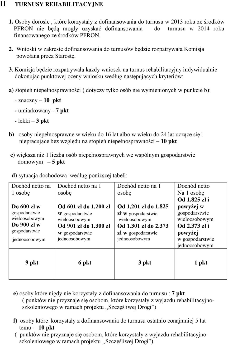 3. Komisja będzie rozpatrywała każdy wniosek na turnus rehabilitacyjny indywidualnie dokonując punktowej oceny wniosku według następujących kryteriów: a) stopień niepełnosprawności ( dotyczy tylko