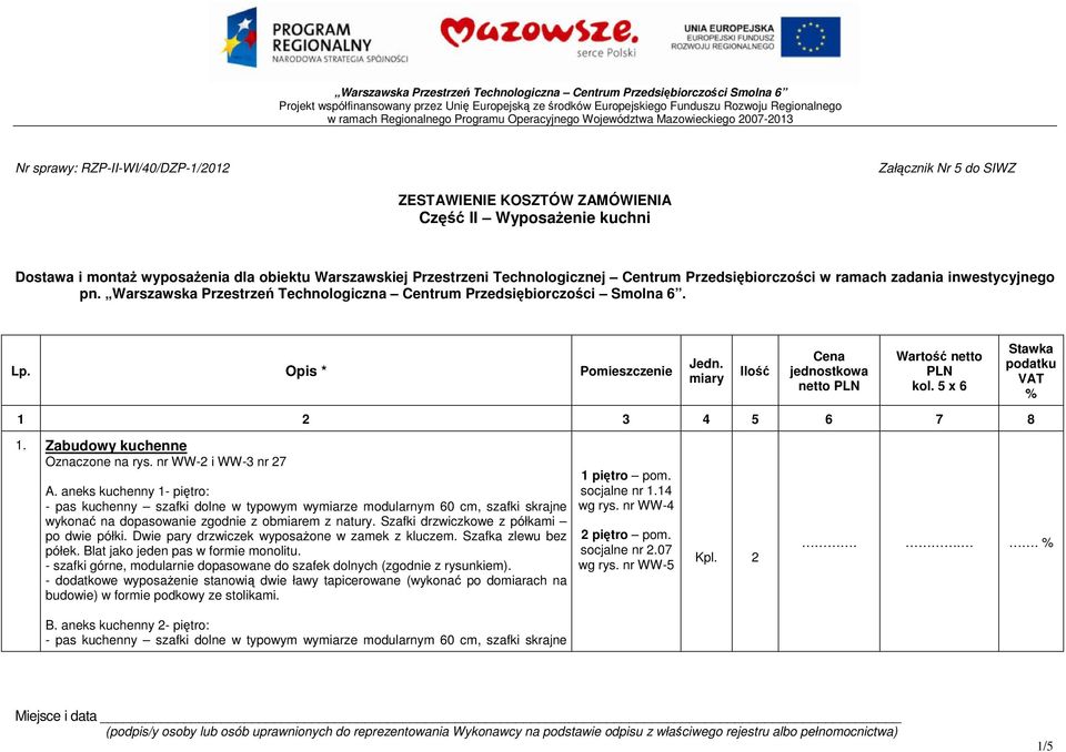 Warszawskiej Przestrzeni Technologicznej Centrum Przedsibiorczoci w ramach zadania inwestycyjnego pn. Warszawska Przestrze Technologiczna Centrum Przedsibiorczoci Smolna 6. Lp.