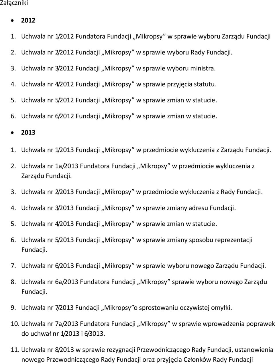 Uchwała nr 6/2012 Fundacji Mikropsy w sprawie zmian w statucie. 2013 1. Uchwała nr 1/2013 Fundacji Mikropsy w przedmiocie wykluczenia z Zarządu Fundacji. 2. Uchwała nr 1a/2013 Fundatora Fundacji Mikropsy w przedmiocie wykluczenia z Zarządu Fundacji.