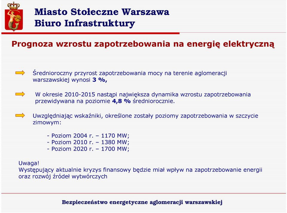Uwzględniając wskaźniki, określone zostały poziomy zapotrzebowania w szczycie zimowym: - Poziom 2004 r. 1170 MW; - Poziom 2010 r.