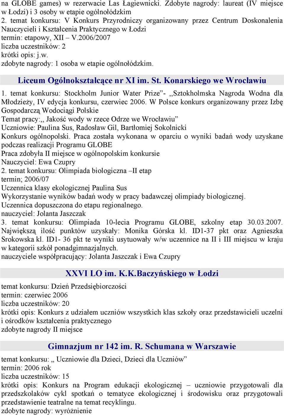 Liceum Ogólnokształcące nr XI im. St. Konarskiego we Wrocławiu 1. temat konkursu: Stockholm Junior Water Prize -,,Sztokholmska Nagroda Wodna dla Młodzieży, IV edycja konkursu, czerwiec 2006.