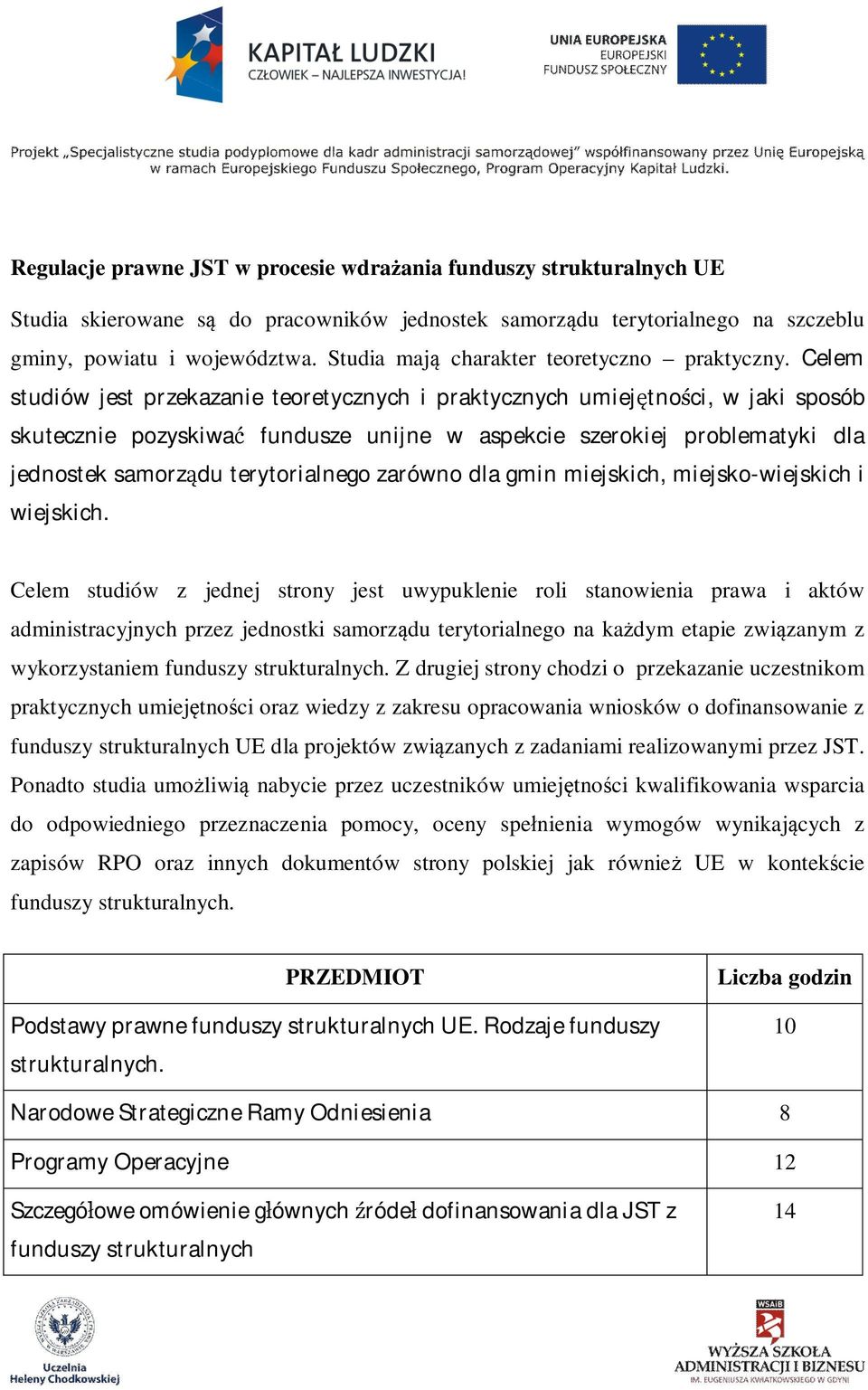 Celem studiów jest przekazanie teoretycznych i praktycznych umiejętności, w jaki sposób skutecznie pozyskiwać fundusze unijne w aspekcie szerokiej problematyki dla jednostek samorządu terytorialnego